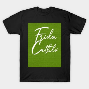 Green Text W back Cat Frida Cathlo version of - Frida Kahlo T-Shirt